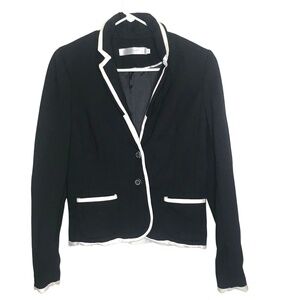 Women’s Black Blazer with White Piping Trim • Tailored 2-Button Jacket
